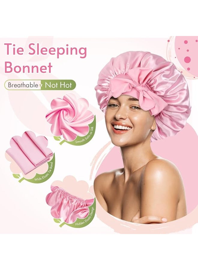 Night Satin Elegance A piece of luxury and softness Elegant Satin Bonnet Set for Women Single Layer Satin Bonnet for Curly Hair with Satin Hair Ties and Long Bow Clips in Pink - Image 3