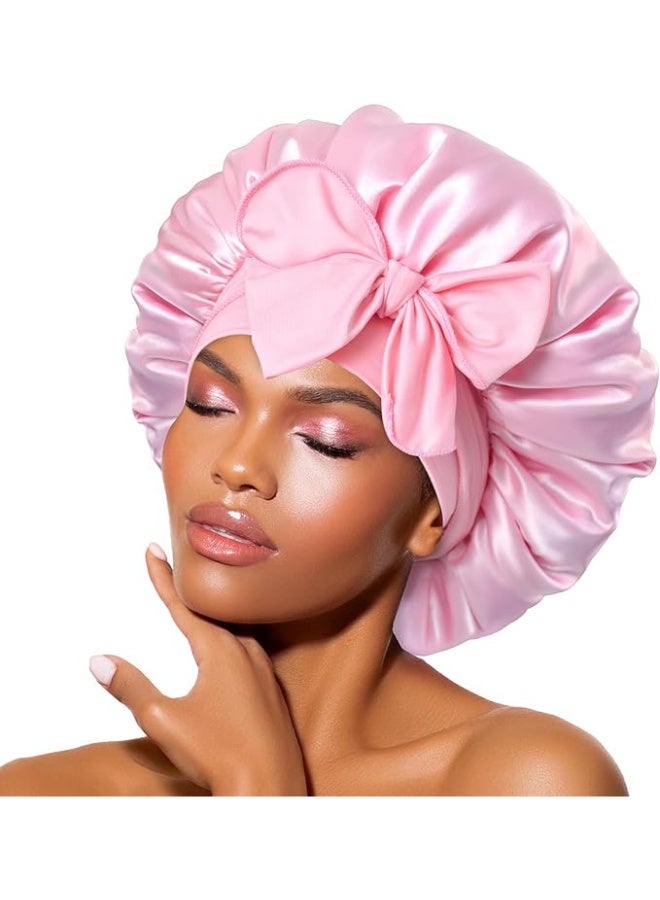 Night Satin Elegance A piece of luxury and softness Elegant Satin Bonnet Set for Women Single Layer Satin Bonnet for Curly Hair with Satin Hair Ties and Long Bow Clips in Pink - Image 2