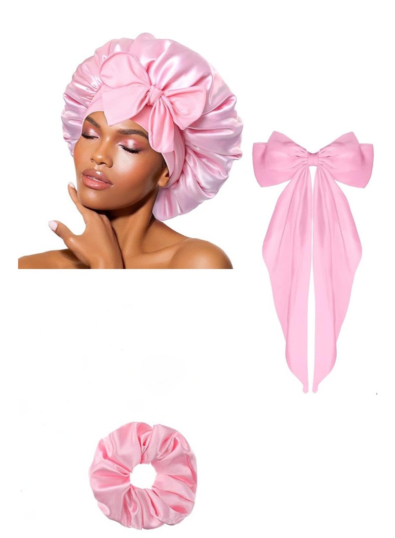 Night Satin Elegance A piece of luxury and softness Elegant Satin Bonnet Set for Women Single Layer Satin Bonnet for Curly Hair with Satin Hair Ties and Long Bow Clips in Pink - Image 1