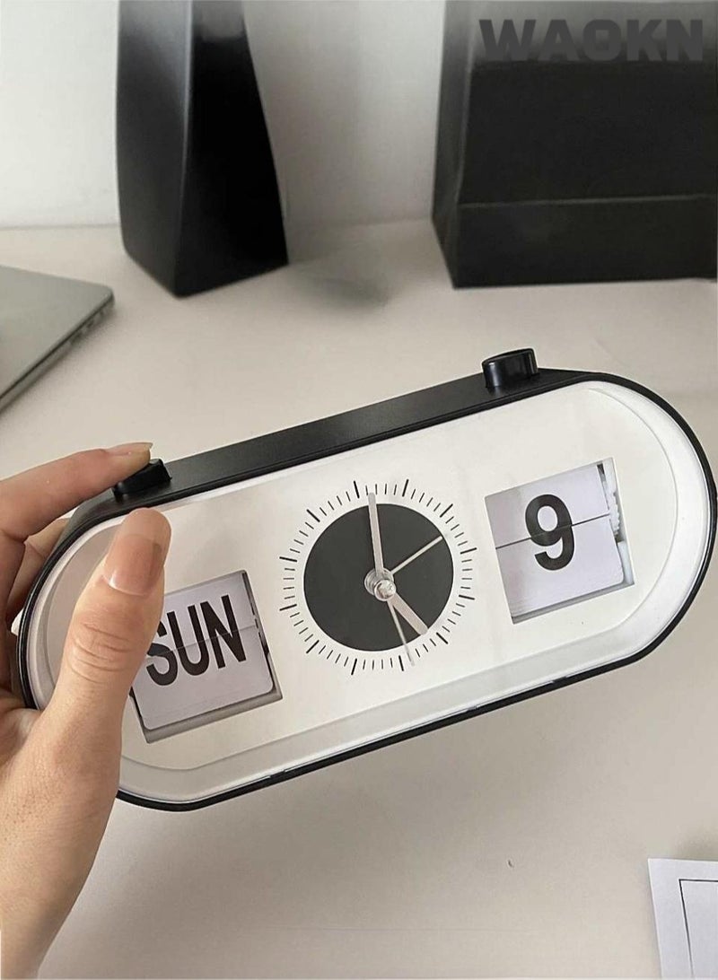 WAOKN Classic Manual Page-turning Alarm Clock, Versatile Desktop Simple Modern Clock, Decompression Button Calendar Ornament, Multi-functional Silent Alarm Clock , Black Color Retro Calendar Clock, Perpetual Desk Alarm Clocks, Time Day Date Display and No Noise Sweep Second Hand Silence Deesktop (Black and White) - Image 1