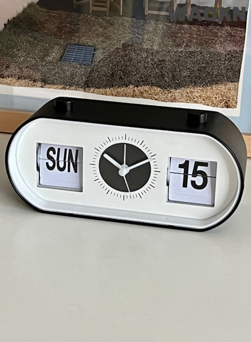 WAOKN Classic Manual Page-turning Alarm Clock, Versatile Desktop Simple Modern Clock, Decompression Button Calendar Ornament, Multi-functional Silent Alarm Clock , Black Color Retro Calendar Clock, Perpetual Desk Alarm Clocks, Time Day Date Display and No Noise Sweep Second Hand Silence Deesktop (Black and White) - Image 2