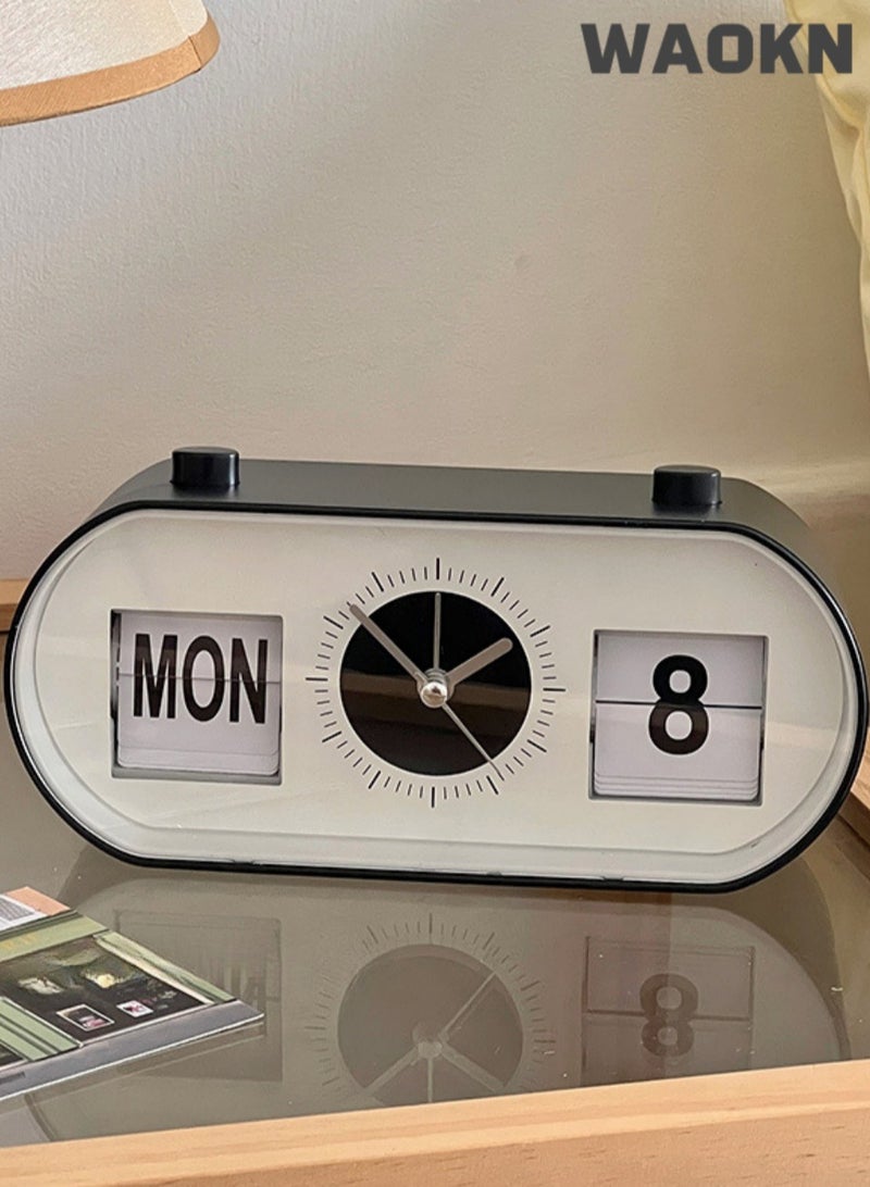 WAOKN Classic Manual Page-turning Alarm Clock, Versatile Desktop Simple Modern Clock, Decompression Button Calendar Ornament, Multi-functional Silent Alarm Clock , Black Color Retro Calendar Clock, Perpetual Desk Alarm Clocks, Time Day Date Display and No Noise Sweep Second Hand Silence Deesktop (Black and White) - Image 5