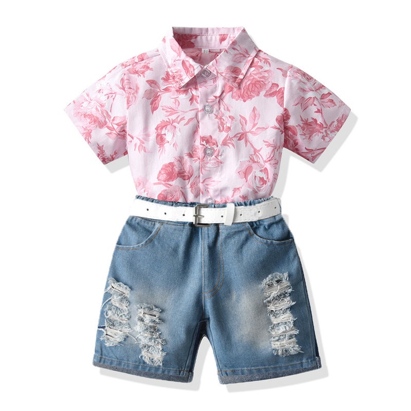 Generic Foreign Trade Childrens Clothing New Boys Suit Printed Short-sleeved Shirt Beach Vacation Water Splashing Festival Brother and Sister Suit Boys' suit (belt)