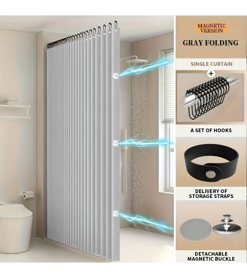 Beige Magnetic Shower Curtain 100x200cm Thick Fabric Foldable Home Partition - Image 4