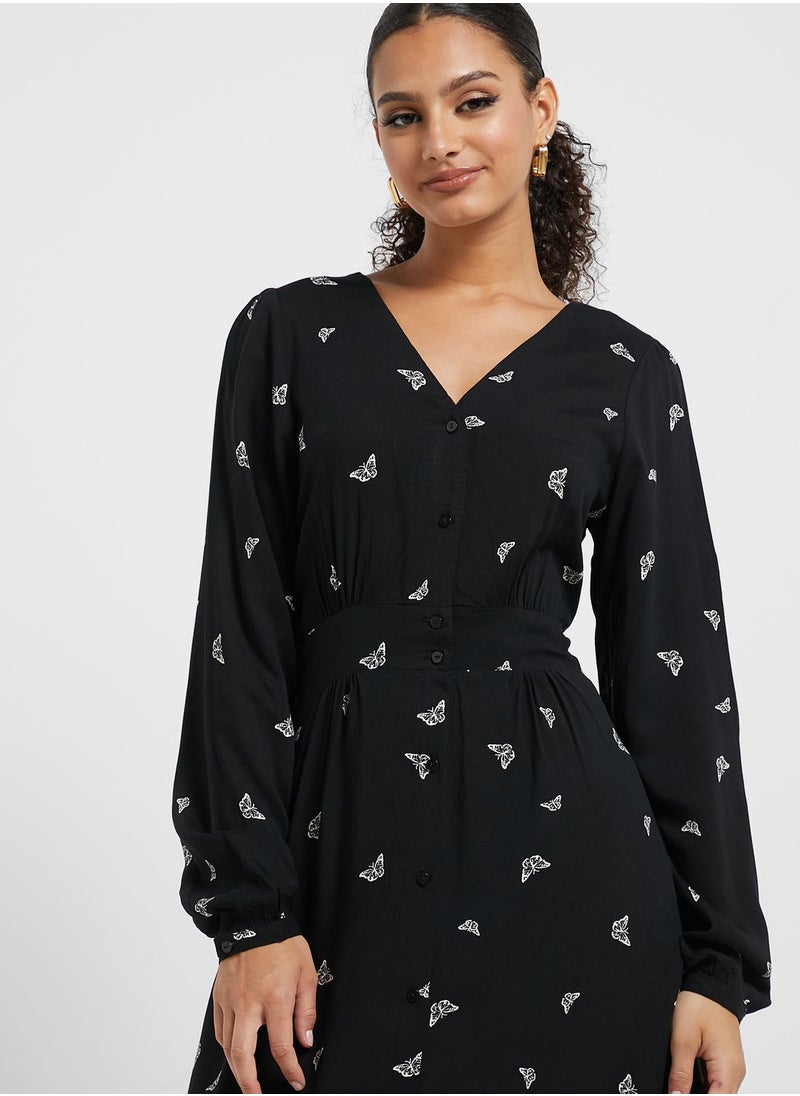 ONLY - V-Neck Checked Puff Sleeve Dress - Image 1