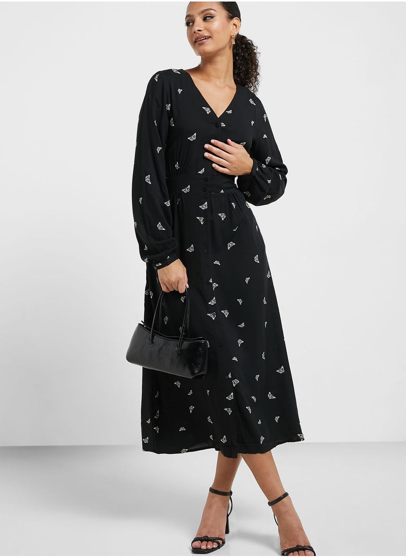ONLY - V-Neck Checked Puff Sleeve Dress - Image 1