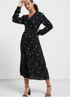 V-Neck Checked Puff Sleeve Dress