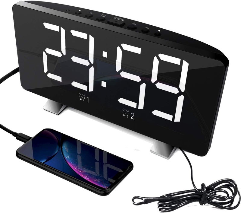 ThreeH Alarm Clock Radio for Bedroom with Dual USB Charging Ports 4 Diming Mode 7.3'' LED Screen 12/24 Hour Mode Snooze Function White - Image 1
