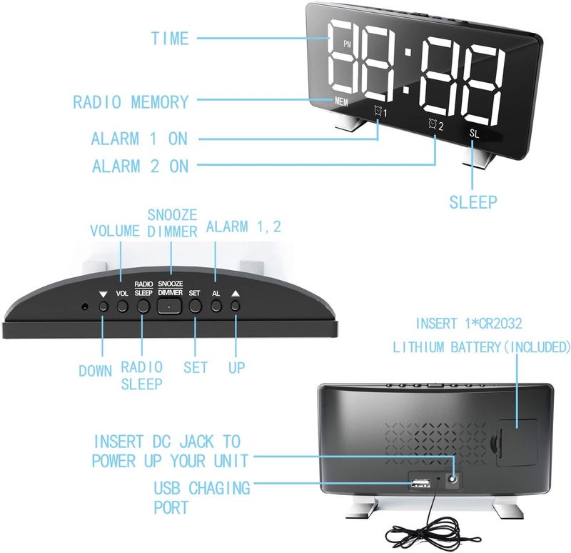 ThreeH Alarm Clock Radio for Bedroom with Dual USB Charging Ports 4 Diming Mode 7.3'' LED Screen 12/24 Hour Mode Snooze Function White - Image 2