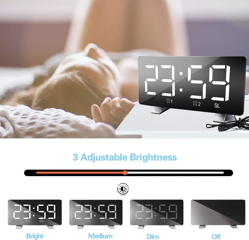 ThreeH Alarm Clock Radio for Bedroom with Dual USB Charging Ports 4 Diming Mode 7.3'' LED Screen 12/24 Hour Mode Snooze Function White - Image 3