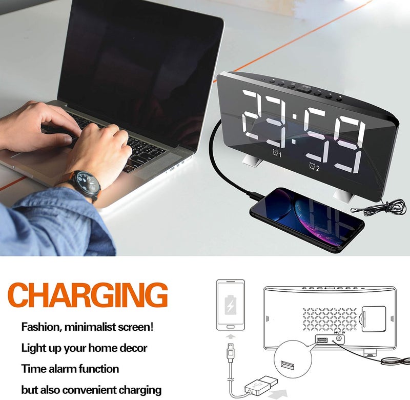 ThreeH Alarm Clock Radio for Bedroom with Dual USB Charging Ports 4 Diming Mode 7.3'' LED Screen 12/24 Hour Mode Snooze Function White - Image 5