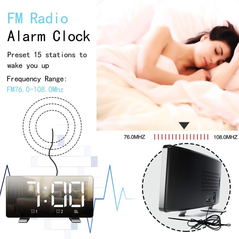 ThreeH Alarm Clock Radio for Bedroom with Dual USB Charging Ports 4 Diming Mode 7.3'' LED Screen 12/24 Hour Mode Snooze Function White - Image 4