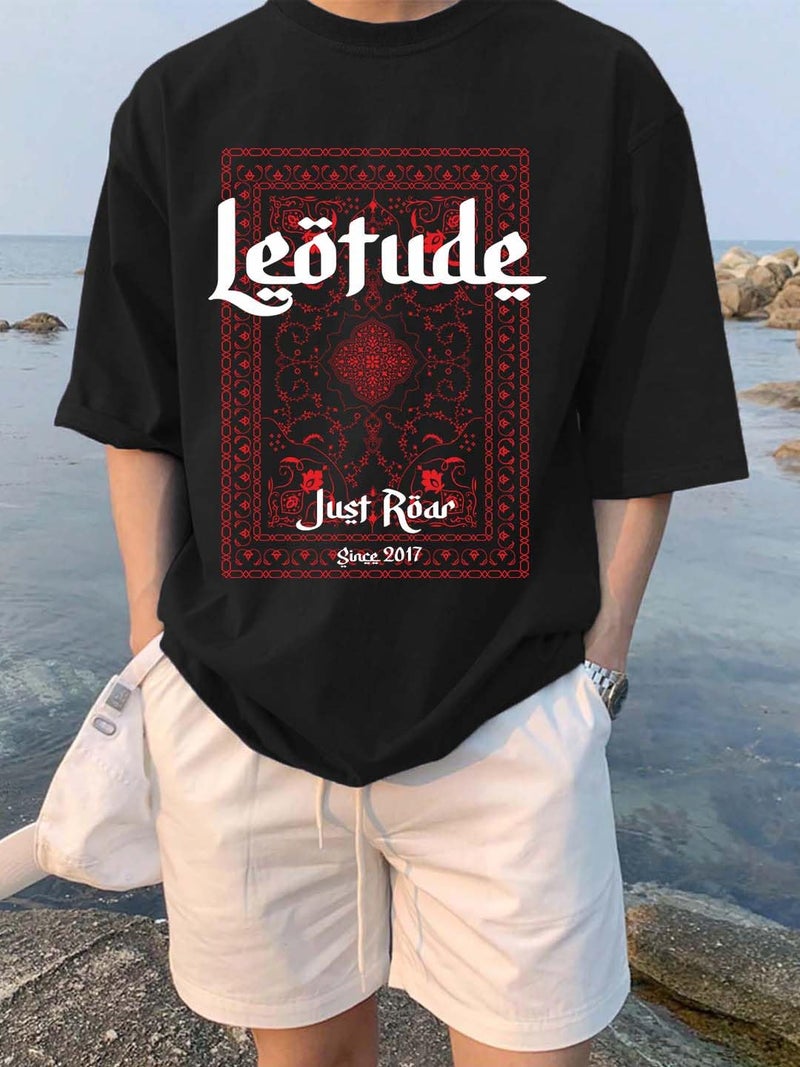 LEOTUDE Men's Fashionable Round Neck Half Sleeve Casual Cottonblend Graphic Print Oversized Tshirt for Man (FS49_Brown_NEWYORKK_P_Multicolour3_S) - Image 4