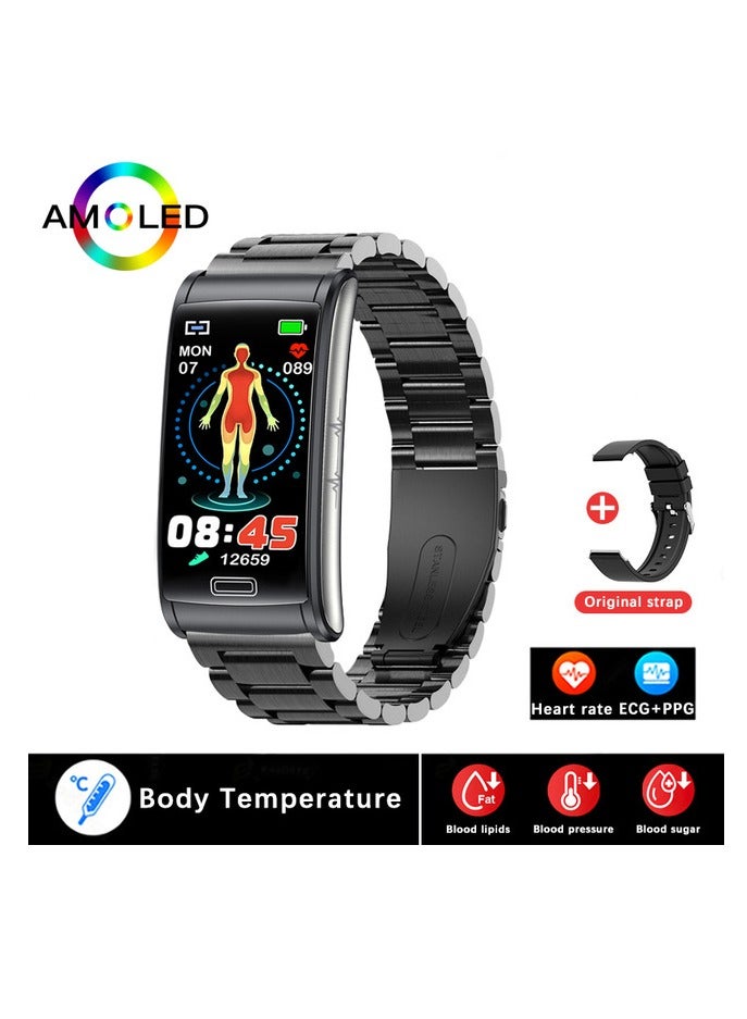 AROAQ E600 Smart Watch , Amoled Display Waterproof Sport Activity Tracker Watch, 1.47" Display Touch Screen Health Tracker Watch With 15 Plus Sports Mode, (Black silicone + black three steel belt) - Image 1
