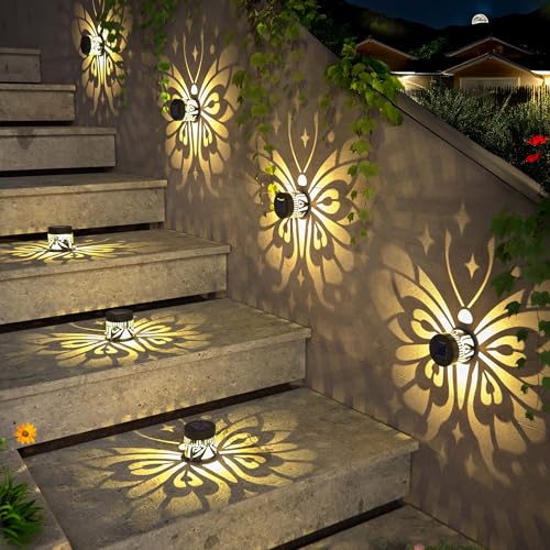 Hapjoy Solar Fence Lights 2 Pack Outdoor Deck Step Wall Lights Metal Waterproof LED Warm Yellow Light for Garden Post Patio Backyard Yard Decor (Butterfly-Star, 2) - Image 4