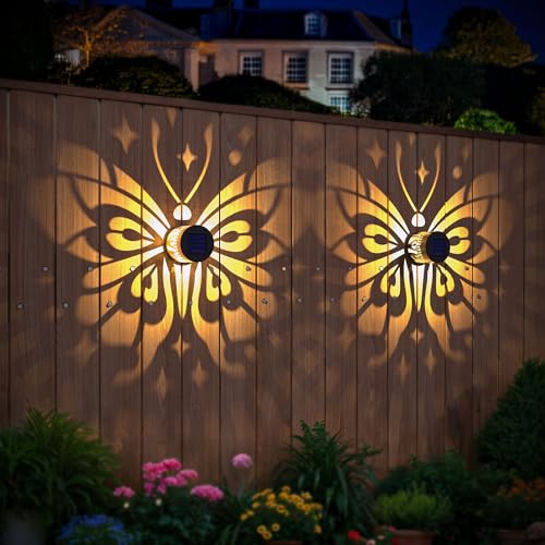Hapjoy Solar Fence Lights 2 Pack Outdoor Deck Step Wall Lights Metal Waterproof LED Warm Yellow Light for Garden Post Patio Backyard Yard Decor (Butterfly-Star, 2) - Image 2