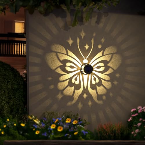 Hapjoy Solar Fence Lights 2 Pack Outdoor Deck Step Wall Lights Metal Waterproof LED Warm Yellow Light for Garden Post Patio Backyard Yard Decor (Butterfly-Star, 2) - Image 5