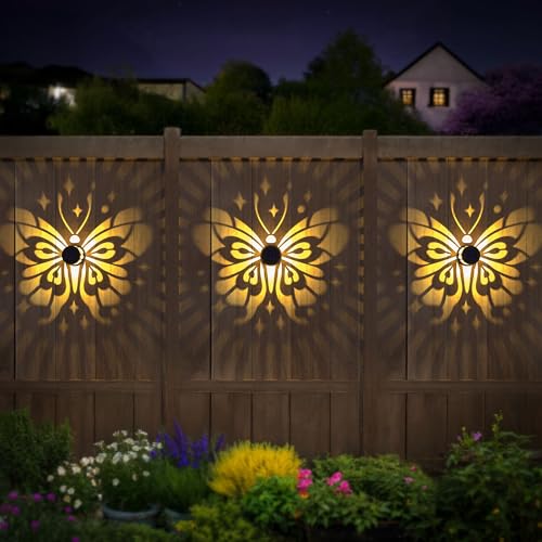 Hapjoy Solar Fence Lights 2 Pack Outdoor Deck Step Wall Lights Metal Waterproof LED Warm Yellow Light for Garden Post Patio Backyard Yard Decor (Butterfly-Star, 2) - Image 3