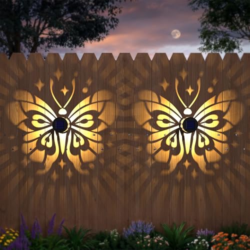 Hapjoy Solar Fence Lights 2 Pack Outdoor Deck Step Wall Lights Metal Waterproof LED Warm Yellow Light for Garden Post Patio Backyard Yard Decor (Butterfly-Star, 2) - Image 1