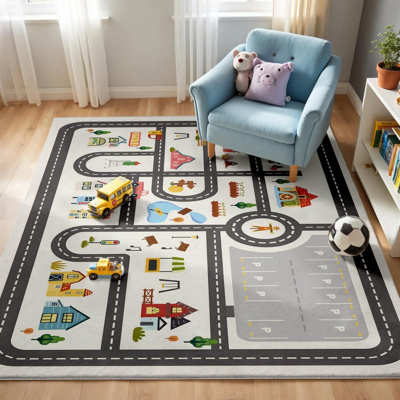 Nayoroom 5x7ft Kids Town Road Play Rug - Non-Slip Faux Wool Carpet with Interactive City Map Design, Educational Toy Vehicle Mat for Kids, Bedroom Playroom Nursery Gift. - Image 1