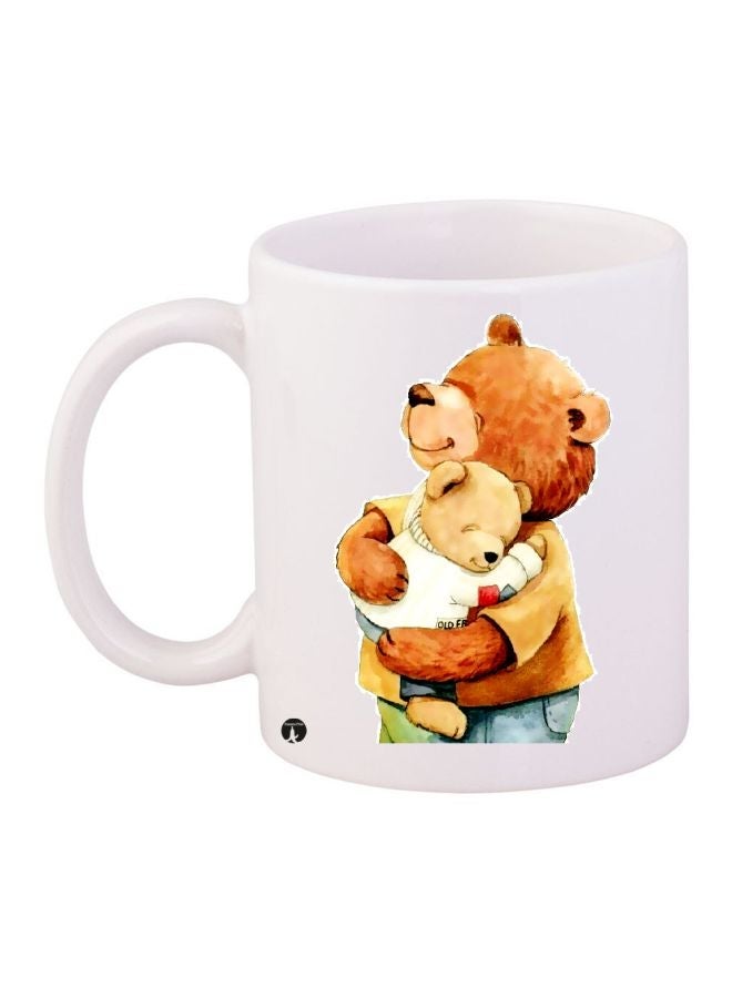 RYN Teddy Bear Printed Coffee Mug White/Brown/Blue 11ounce