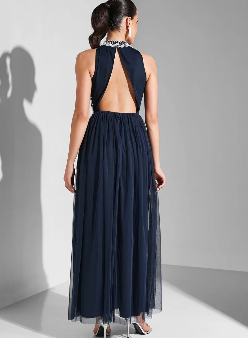 Namshi X Hadia Ghaleb Hadia Ghaleb Halter Neck Embellished Bodice Dress