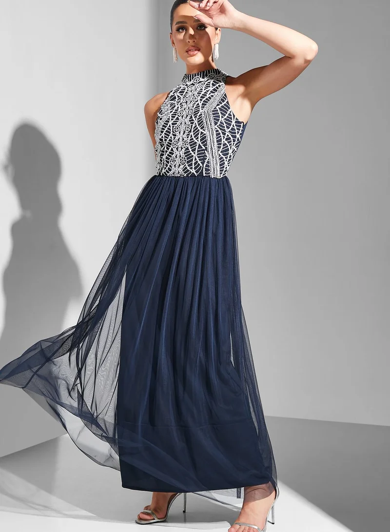 Namshi X Hadia Ghaleb Hadia Ghaleb Halter Neck Embellished Bodice Dress