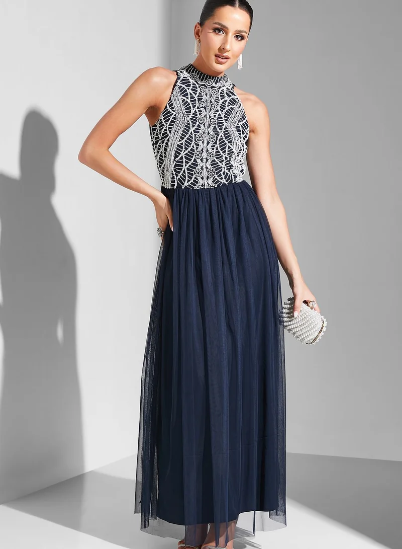 Namshi X Hadia Ghaleb Hadia Ghaleb Halter Neck Embellished Bodice Dress