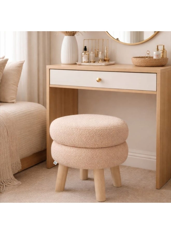 PixelsBeanBag Round Bouclé Fabric Ottoman Seat from PixelsBeanBag, with Wooden Legs, for the Living Room and Bedroom, Beige - Image 2