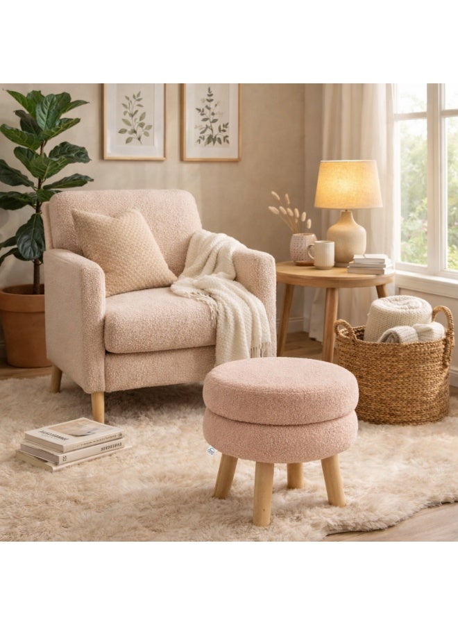 PixelsBeanBag Round Bouclé Fabric Ottoman Seat from PixelsBeanBag, with Wooden Legs, for the Living Room and Bedroom, Beige - Image 1