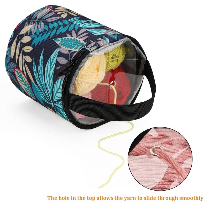 Mdoker mini yarn storage small size yarn bag for crocheting with holes,empty round knitting tote bags protable yarn holder,perfect for travel,beginner & crocheter(Blue Leaves) - Image 3
