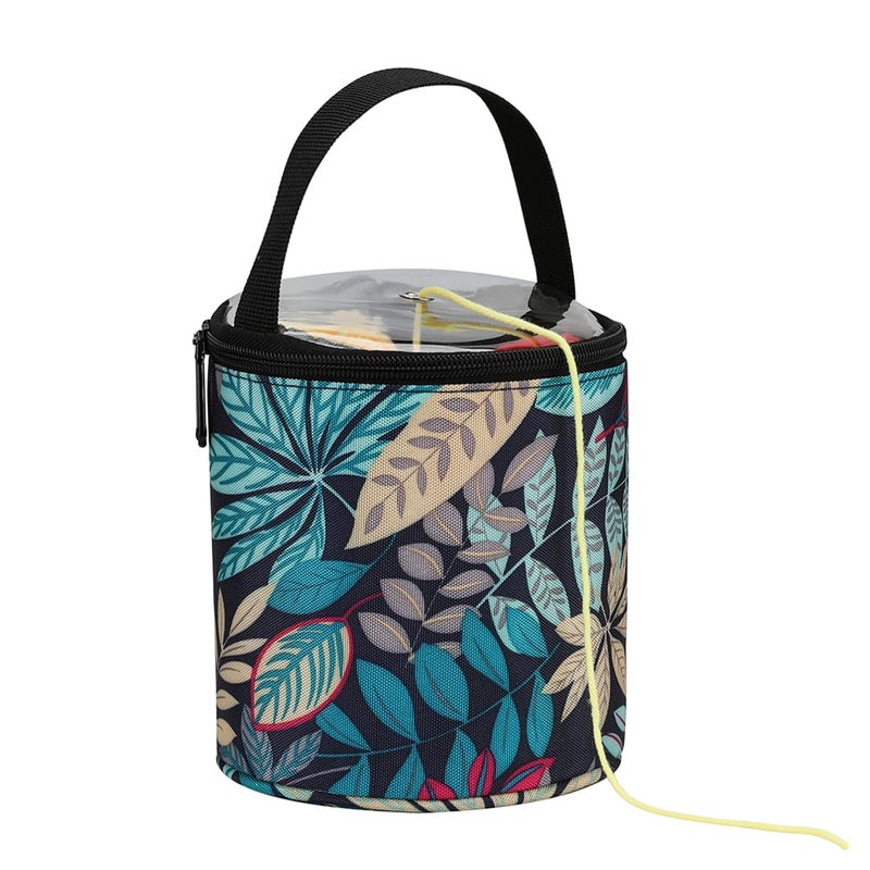 Mdoker mini yarn storage small size yarn bag for crocheting with holes,empty round knitting tote bags protable yarn holder,perfect for travel,beginner & crocheter(Blue Leaves) - Image 1