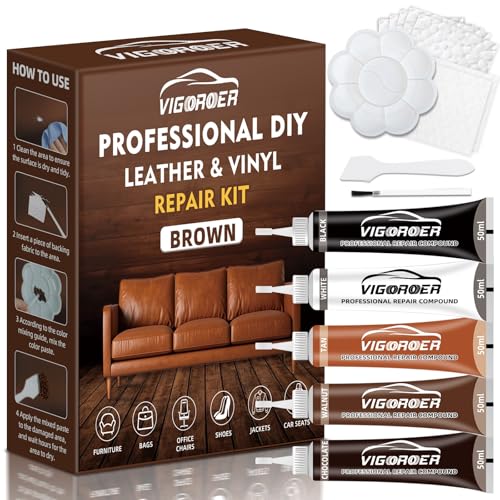 Vigorder Brown Leather Repair Kit for Furniture, Leather Couch Repair Kit for Car Interior, Sofa, Purse and Jacket, Restore Any Material with Super Easy Instructions to Fix Scratches, Tears, Holes, Peeling - Image 1