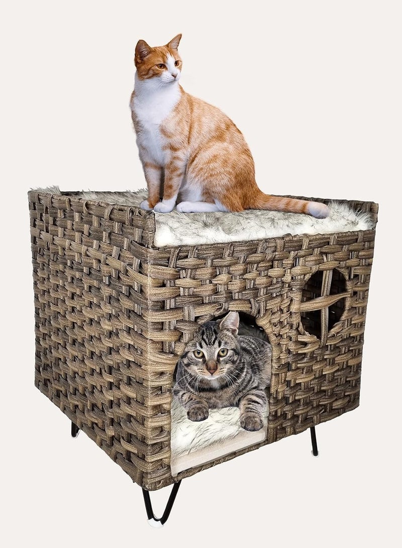 NNC PETS Cozy rattan cat house condo with Removable cushion, Sturdy metal legs, and Non-slip bottom, Durable rattan cat house bed for Indoor/Outdoor use, Breathable Double-layer nest (52 cm) - Image 1