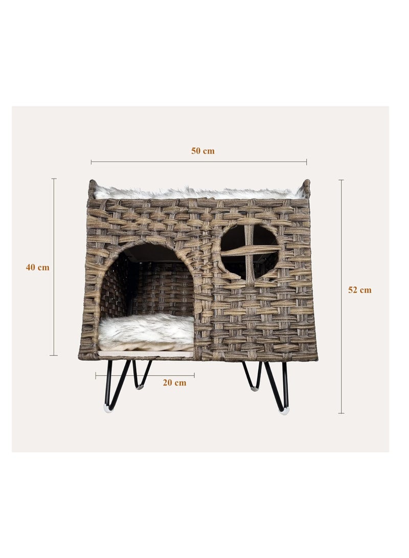 NNC PETS Cozy rattan cat house condo with Removable cushion, Sturdy metal legs, and Non-slip bottom, Durable rattan cat house bed for Indoor/Outdoor use, Breathable Double-layer nest (52 cm) - Image 2