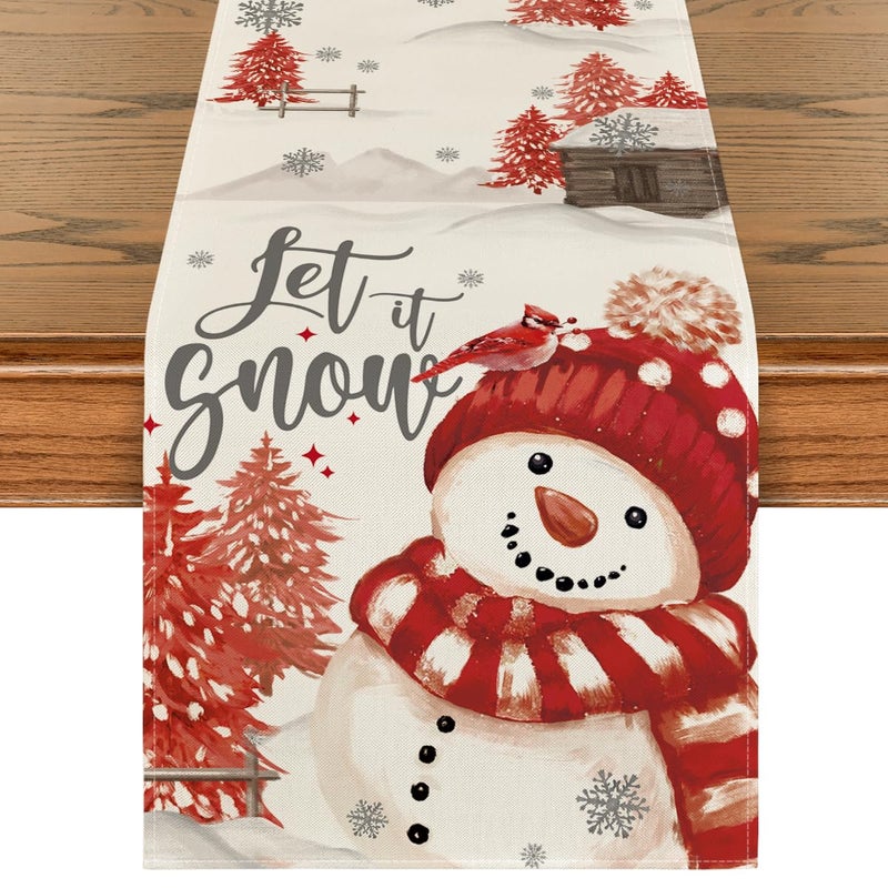 Artoid Mode Xmas Trees Let It Snow Red Snowman Christmas Table Runner Seasonal Winter Holiday Kitchen Dining Table Decoration for Home Party Decor 13x72 Inch