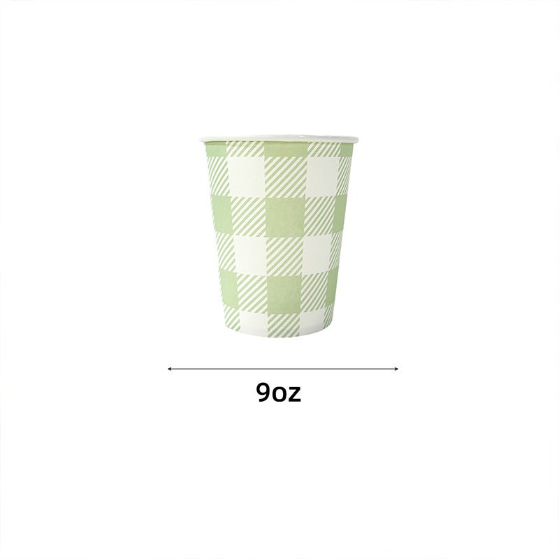 Colorful Disposable Tableware Set for Parties 9oz green checkered paper cups 20 
