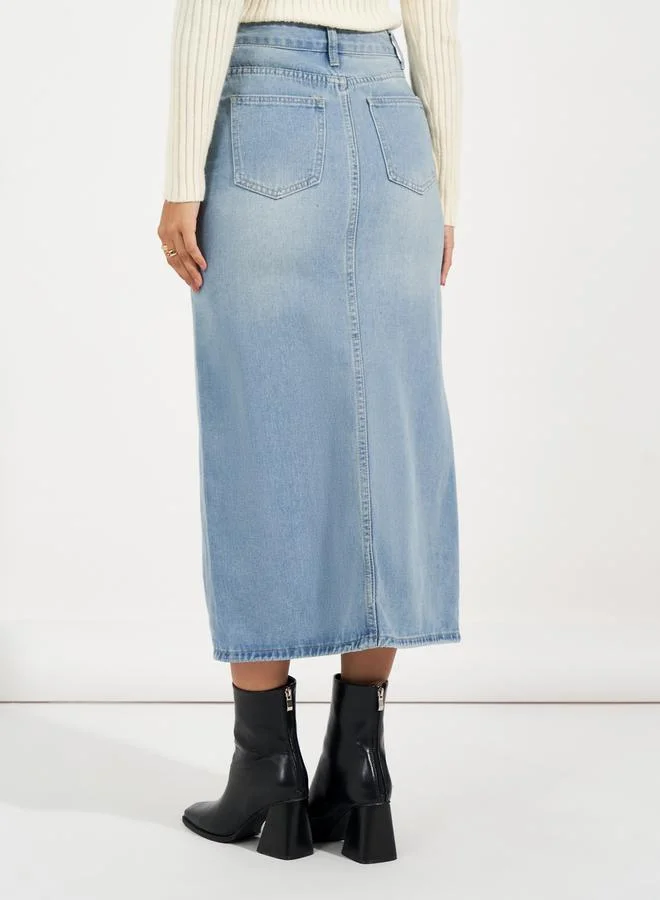 Styli High Rise Straight Hem Midi Skirt with Front Slit