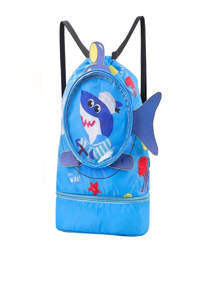 PALAY® Swimming Bag for Kids Cartoonish Print Shoulder Bag for Kids Large Capacity Backpack for Girls Boys Wet Dry Separation Drawstring Bag Beach Bag for Clothes 16.5 inches Blue - Image 1