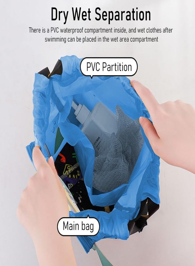 PALAY® Swimming Bag for Kids Cartoonish Print Shoulder Bag for Kids Large Capacity Backpack for Girls Boys Wet Dry Separation Drawstring Bag Beach Bag for Clothes 16.5 inches Blue - Image 3