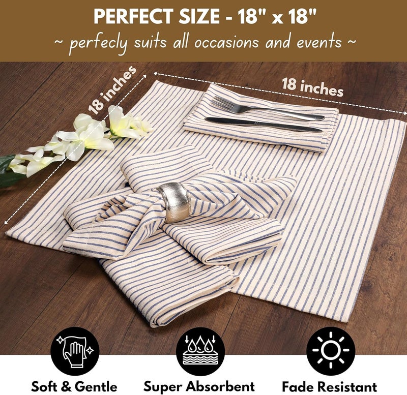 Native Fab Cloth Napkins 18x18 inches 100 Cotton Vintage Stripped Dinner Napkins Set of 4 Soft Breathable Absorbent Machine Washable Cloth Napkins Blue Beige - Image 5