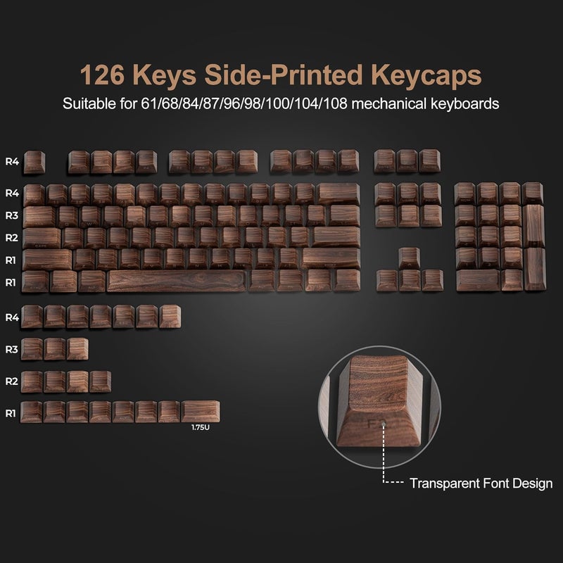 HITIME Side Printed PBT Keycaps - 132 Keys Brown DoubleShot Marbling Cherry Profile for Mechanical Keyboards - Walnut - Image 5