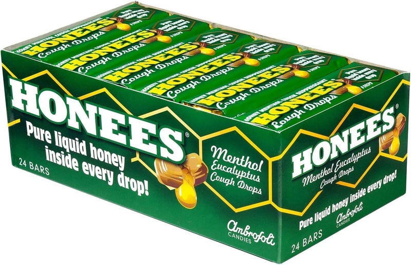 Honees Filled Menthol Cough Drops Honey Menthol Eucalyptus Cough Drops Natural Sore Throat Relief Nothing Artificial Throat Lozenges NonGMO Gluten Free 24 Pack 216 Drops - Image 1