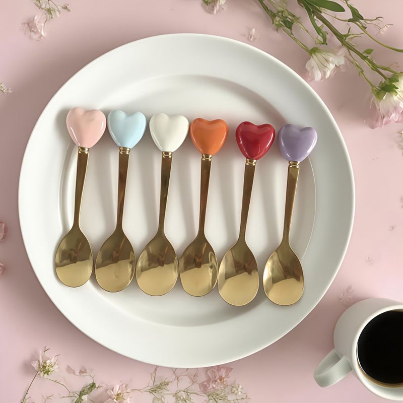 Set Of 6 Elegant Gold Plated Ceramic Handle Mix Color Dessert Spoons - Image 5