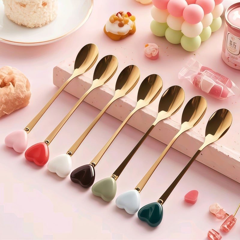 Set Of 6 Elegant Gold Plated Ceramic Handle Mix Color Dessert Spoons - Image 2