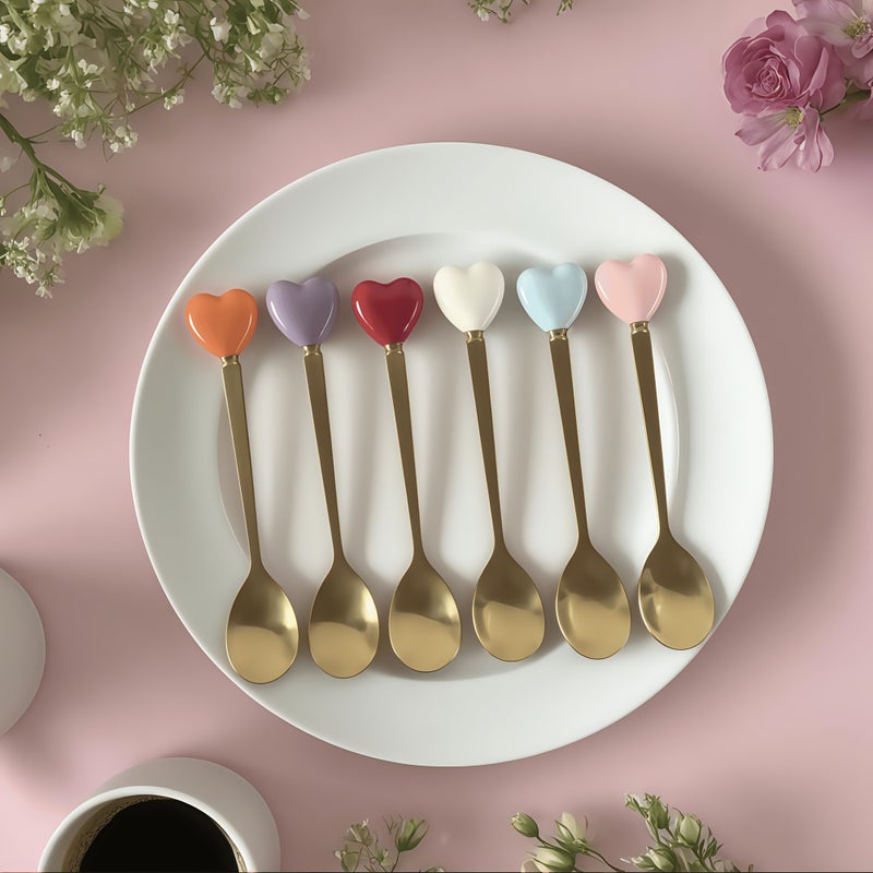 Set Of 6 Elegant Gold Plated Ceramic Handle Mix Color Dessert Spoons - Image 1
