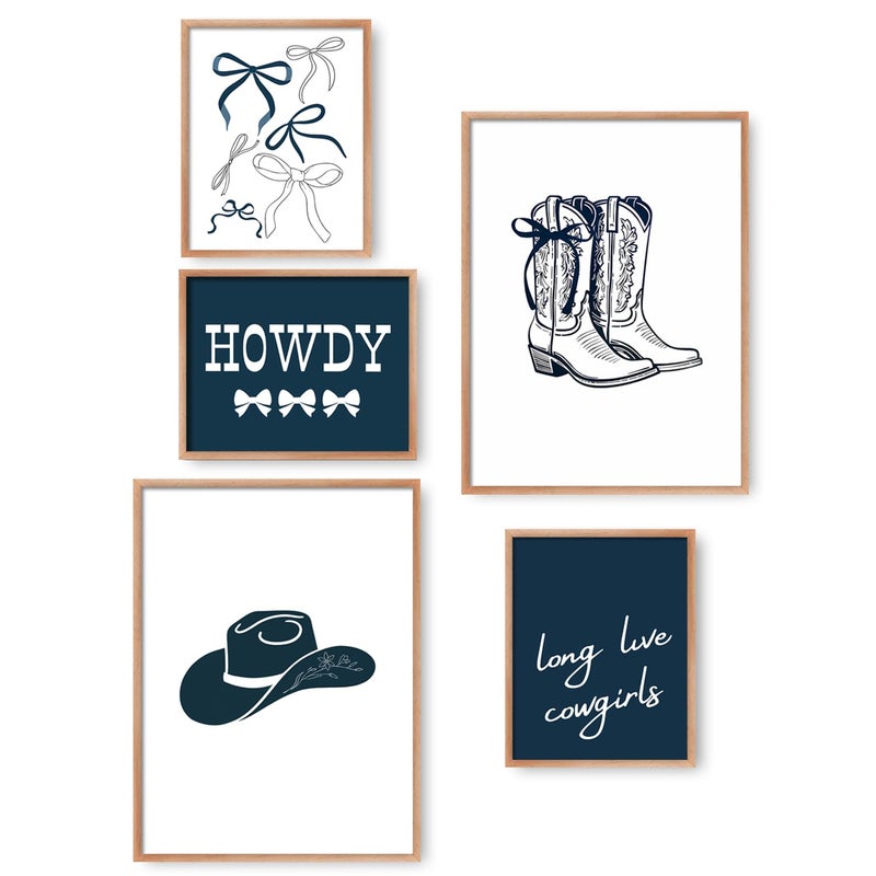 Riveda 5 Pcs Navy Blue Cowgirl Wall Art Cute Girly Western Prints Coquette Posters Preppy Coastal Blue Print Vintage Wild Western Gallery Picture Canvas Trendy Dorm Decor Unframed (8"*10"x3+12"*16x2) - Image 1