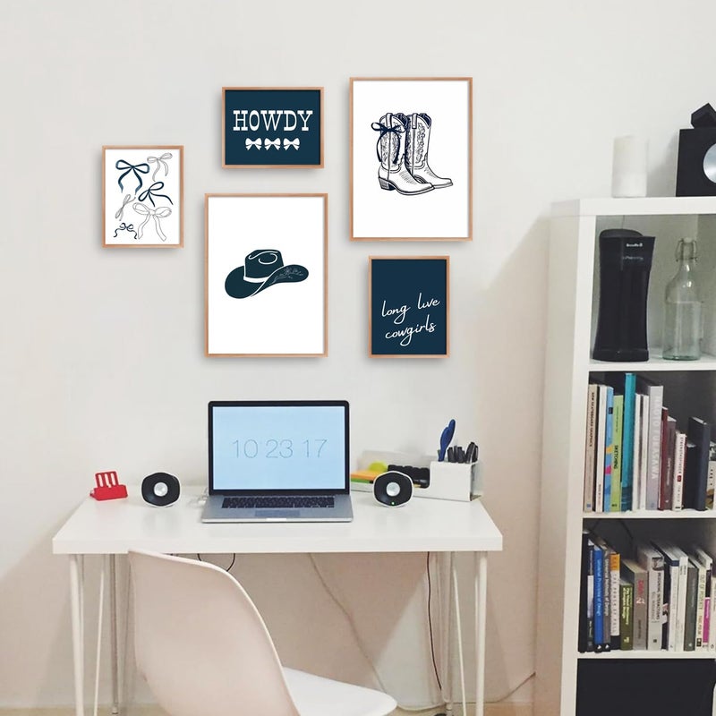 Riveda 5 Pcs Navy Blue Cowgirl Wall Art Cute Girly Western Prints Coquette Posters Preppy Coastal Blue Print Vintage Wild Western Gallery Picture Canvas Trendy Dorm Decor Unframed (8"*10"x3+12"*16x2) - Image 3