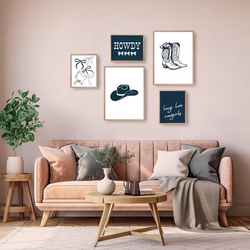 Riveda 5 Pcs Navy Blue Cowgirl Wall Art Cute Girly Western Prints Coquette Posters Preppy Coastal Blue Print Vintage Wild Western Gallery Picture Canvas Trendy Dorm Decor Unframed (8"*10"x3+12"*16x2) - Image 4