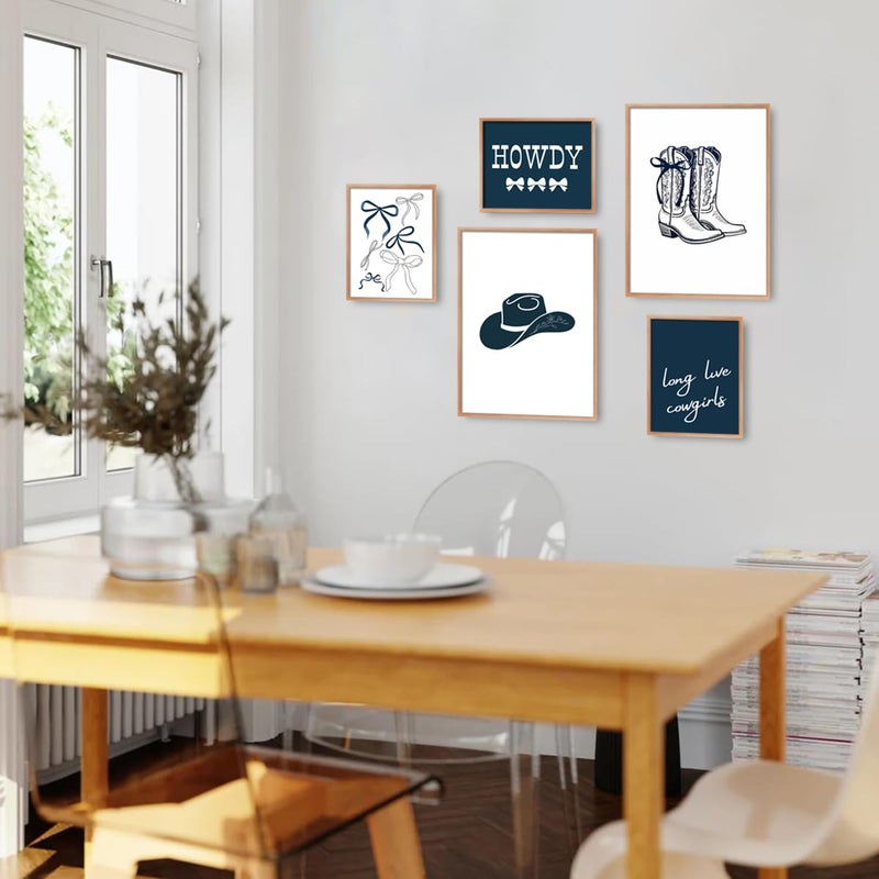 Riveda 5 Pcs Navy Blue Cowgirl Wall Art Cute Girly Western Prints Coquette Posters Preppy Coastal Blue Print Vintage Wild Western Gallery Picture Canvas Trendy Dorm Decor Unframed (8"*10"x3+12"*16x2) - Image 2